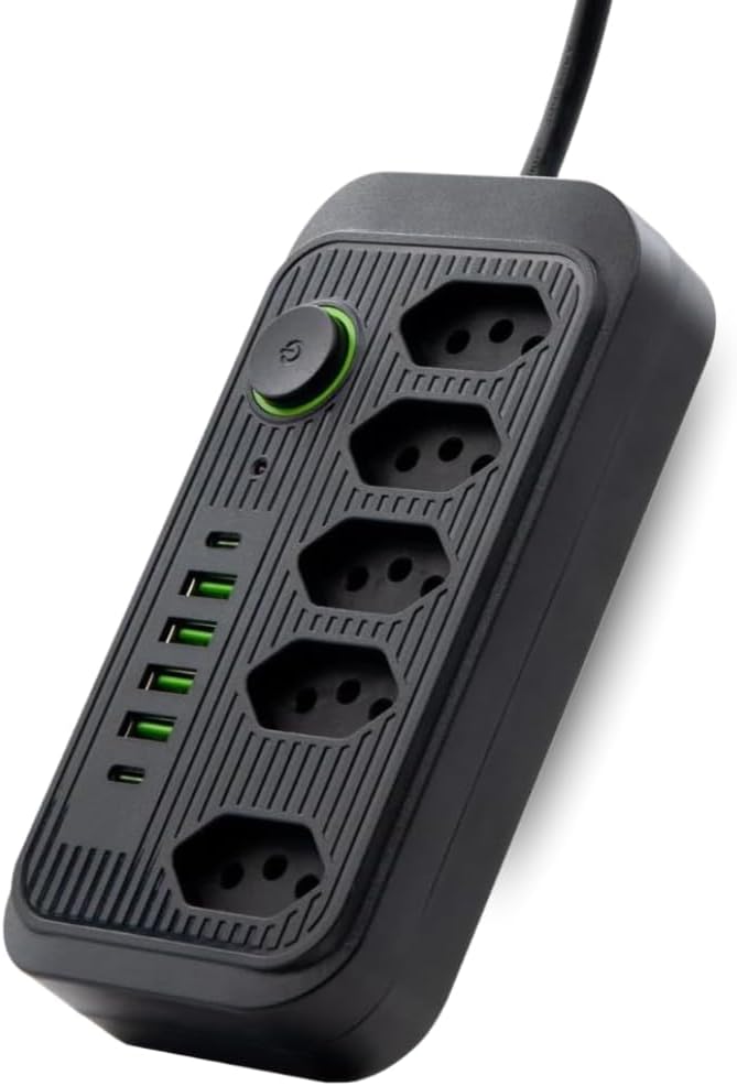 Extensão de Energia Filtro de Linha Régua de Energia com 5 Tomadas 4 USB-A e 2 USB Tipo-C Cabo 2 Metros Bivolt 110-220V Potência 2500W e Carregamento Inteligente Linha Premium (Preto)