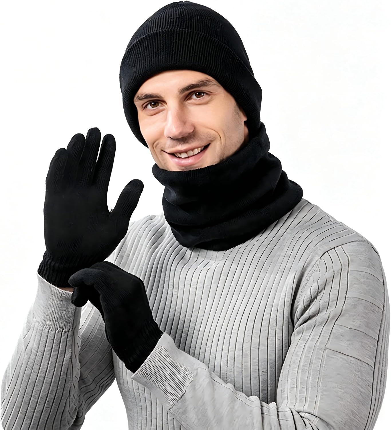 Ekrotok Conjunto de Inverno com Gorro, Cachecol e Luvas, 3 Peças Em Tricô Macio e Quente, Luvas com Dedos Sensíveis Ao Toque para Homens e Mulheres.