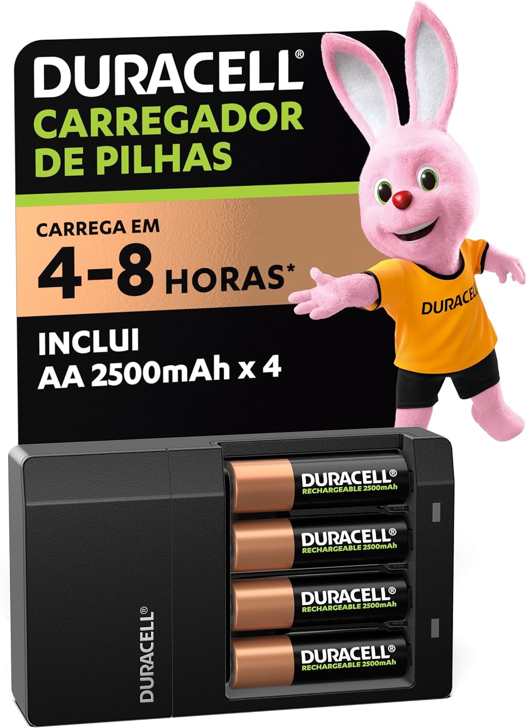 Mostra o produto completo e ajuda a comunicar imediatamente que é um kit com carregador e pilhas AA inclusas.