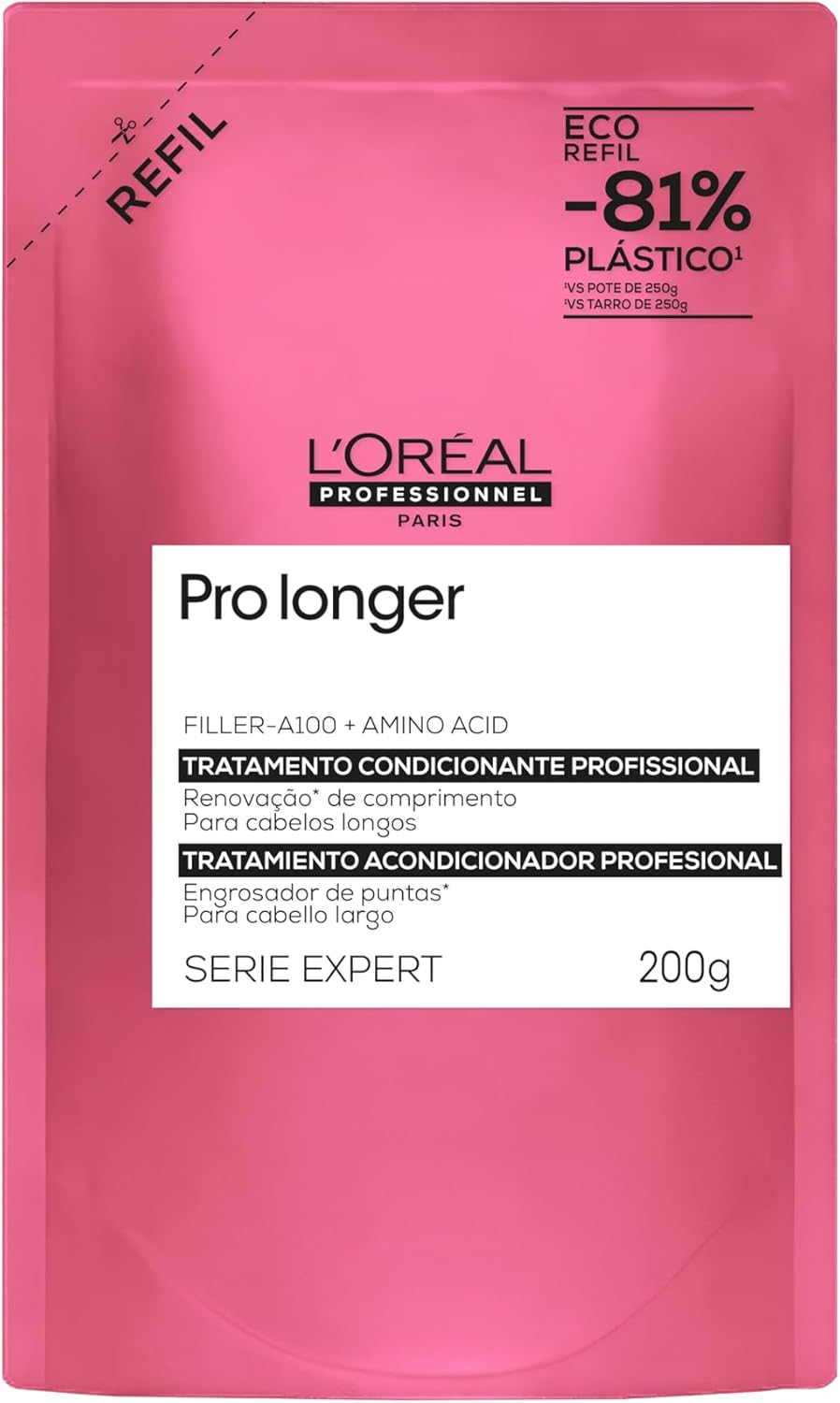 Identificação do item, formato refil e posicionamento premium/profissional da linha Pro Longer.