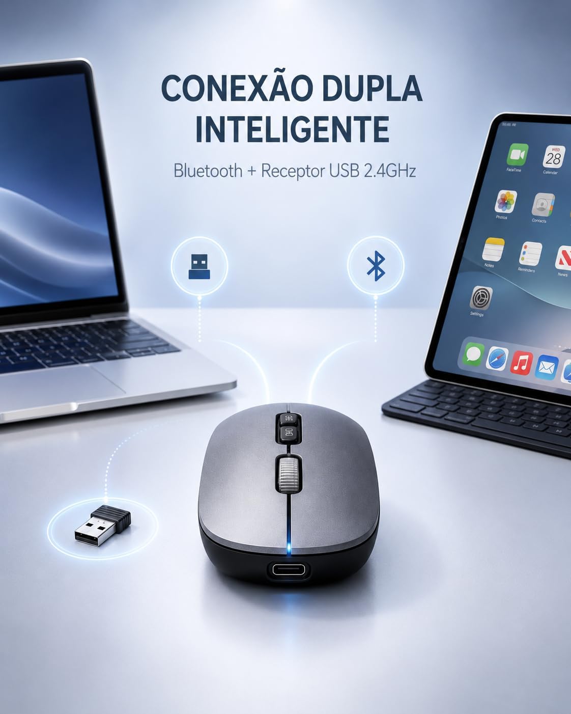 Destaca a pegada mais confortável e o corpo fino, útil para reforçar portabilidade.
