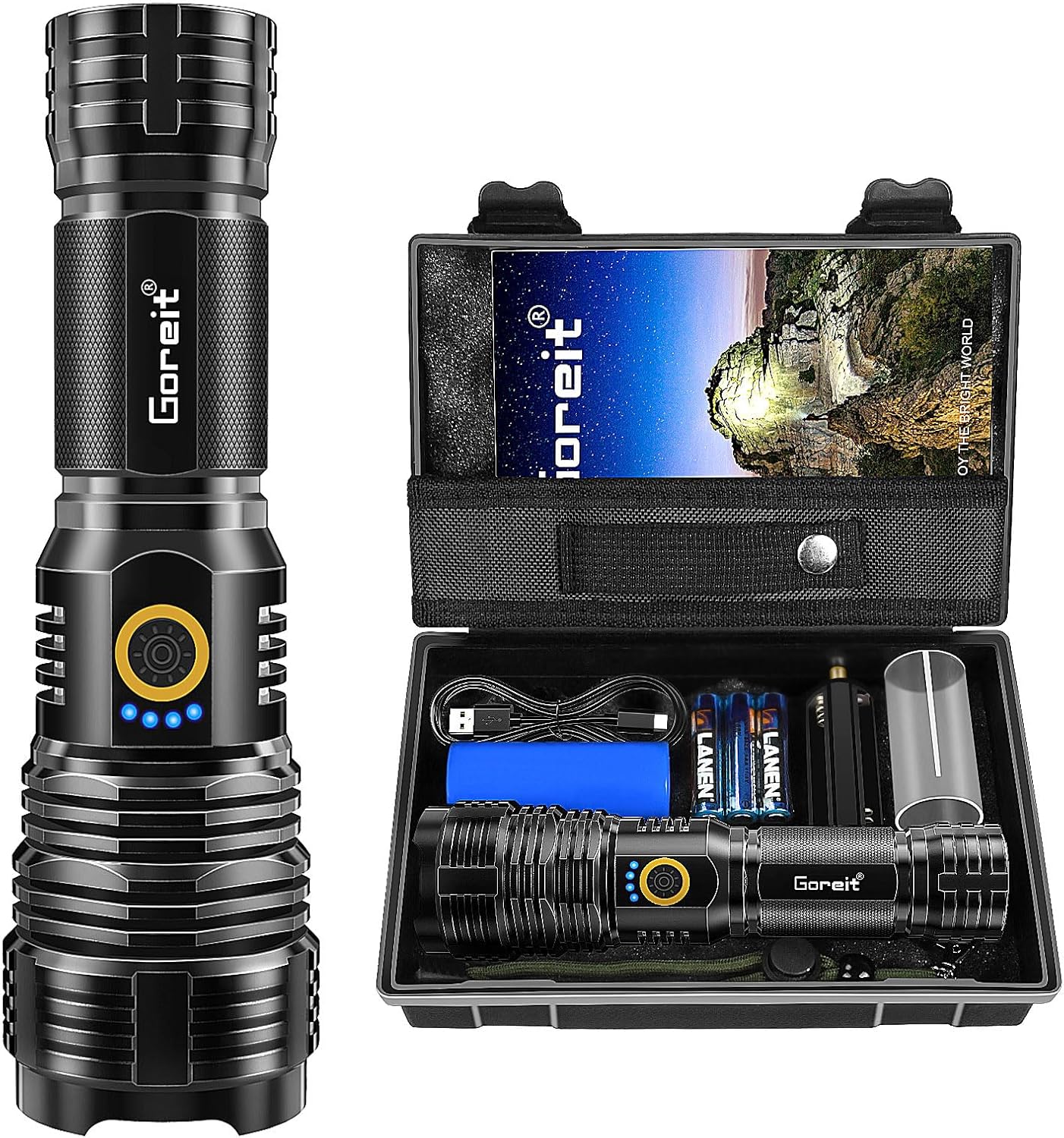 Lanterna LED Recarregavel 10000 Lumens, Goreit Lanterna Tatica Militar Super Potente Xhp70.2, Lanterna a Pilha Lanterna de Choque Defesa Pessoal USB para Acampamento Caminhada Pesca Emergência