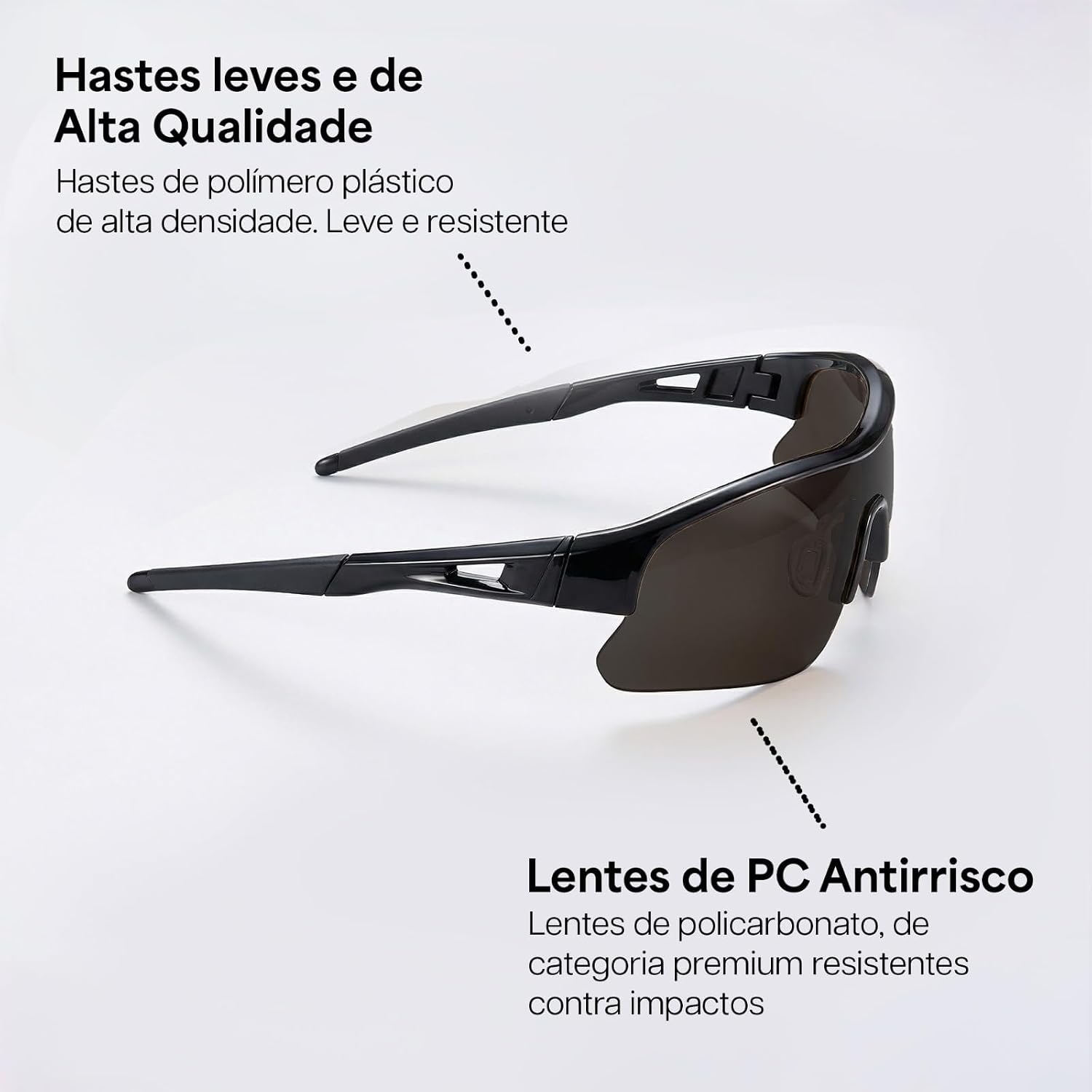 Destaca o acabamento das lentes e a estética esportiva do modelo.