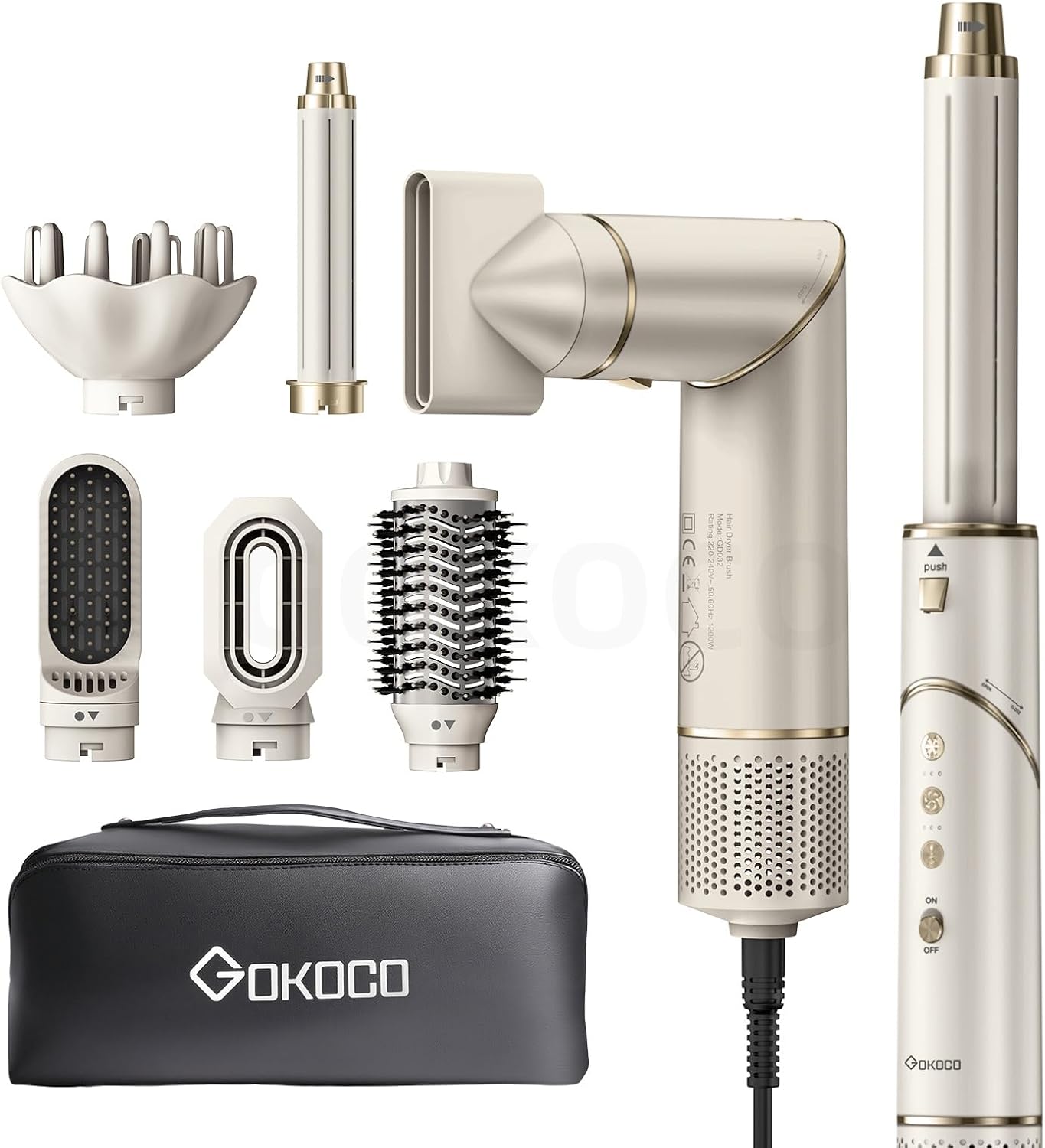 Gokoco Secador de Cabelo 127V/110V 7 Em 1 - Incluso 2X Bocal, Difusor, Escova Secadora, 2X Modelador de Cachos, Alisador para Alta Velocidade para Secar, Alisar e Enrolar, Gd032 Dourado