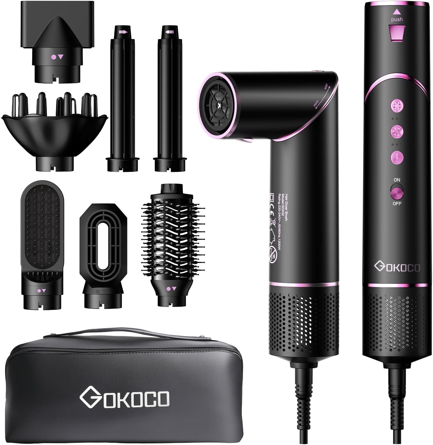 Gokoco Escovas Secador de Cabelo Profissional 7 Em 1 - Incluso 2X Bocal, Difusor, Escova Secadora, 2X Modelador de Cachos, Alisador para Alta Velocidade para Secar, Alisar e Enrolar, Gd032 127V Preto