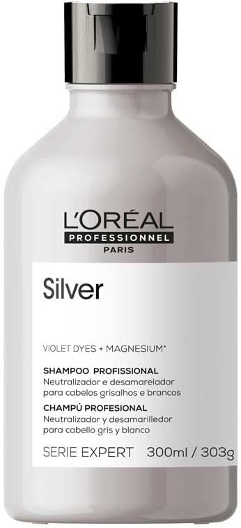 L'oreal Professionnel Shampoo Silver, Neutraliza Tons Amarelos Indesejados, com Pigmentos Roxo, para Cabelos Brancos e Grisalhos, Promove Brilho & Maciez, 300Ml