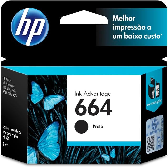 Cartucho de Tinta Hp 664 Preto Original (F6V29Ab) para Impressora Deskjet 2136, 2676, 3776, 5076, 527