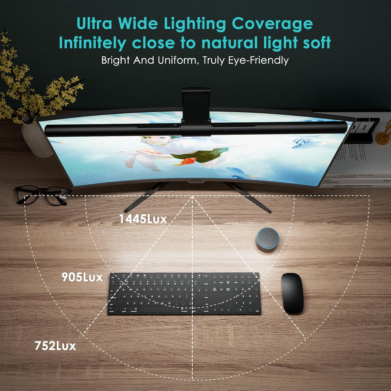 Mostra como a luminária melhora a iluminação do teclado e da mesa sem iluminar diretamente a tela.