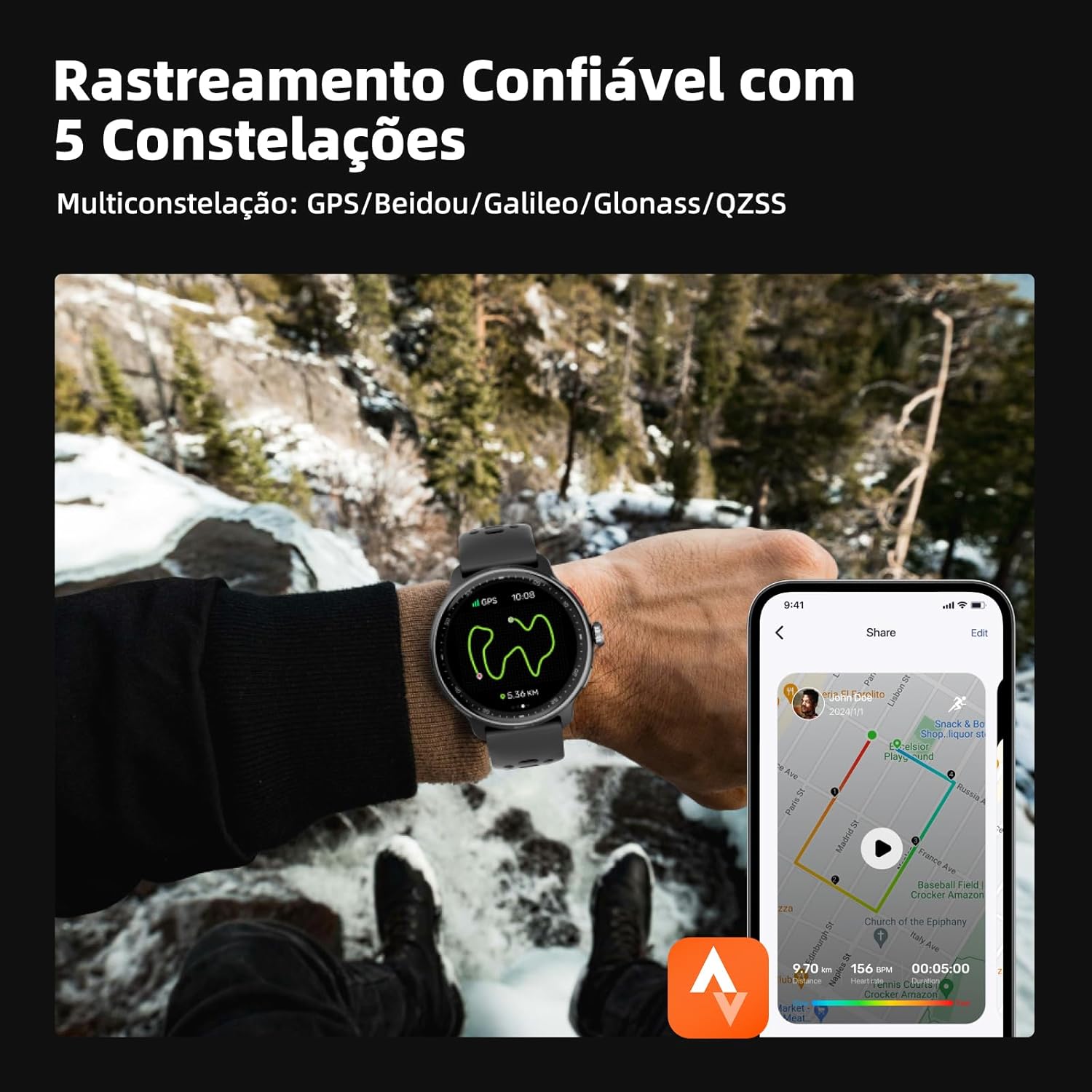 Ajuda a destacar tamanho, proporção no pulso e como o smartwatch fica visualmente em uso real.