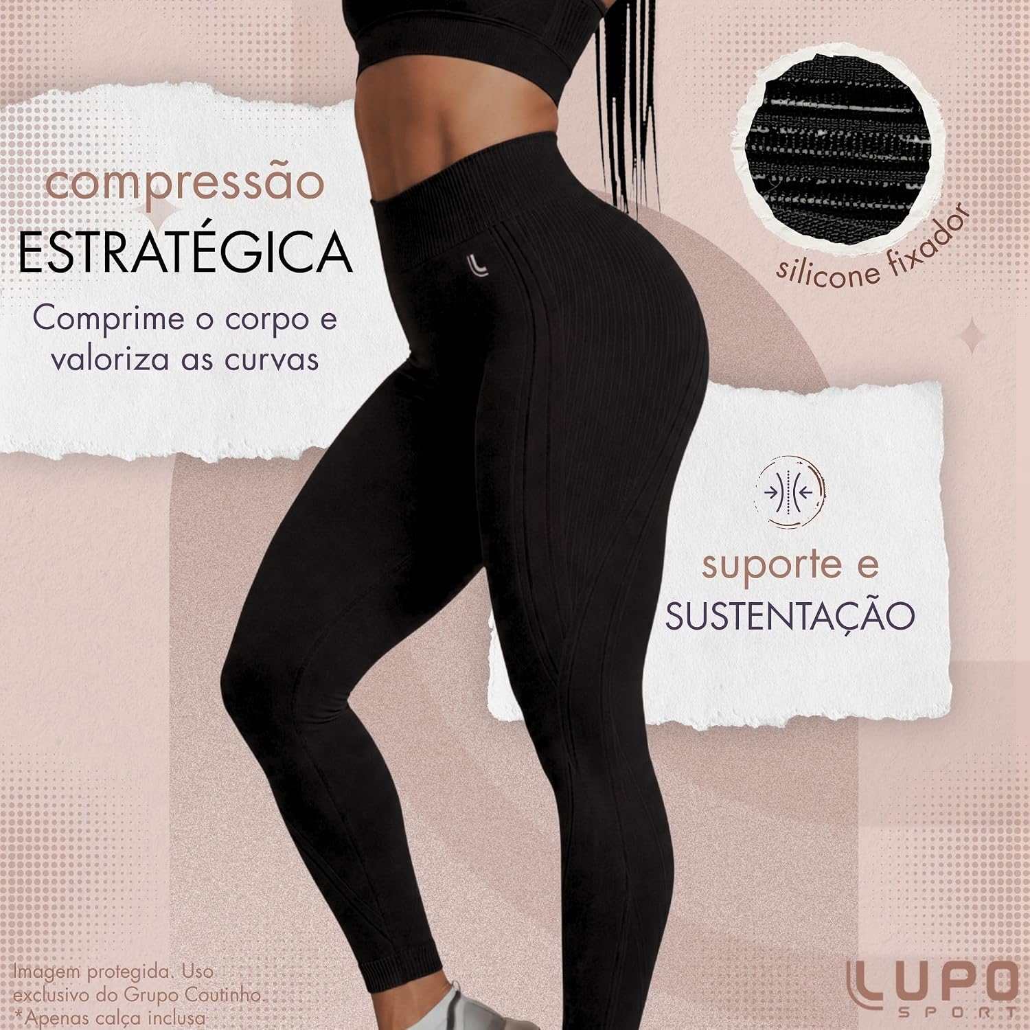 Ajuda a evidenciar a malha texturizada, a sensação de material mais encorpado e a construção da legging.