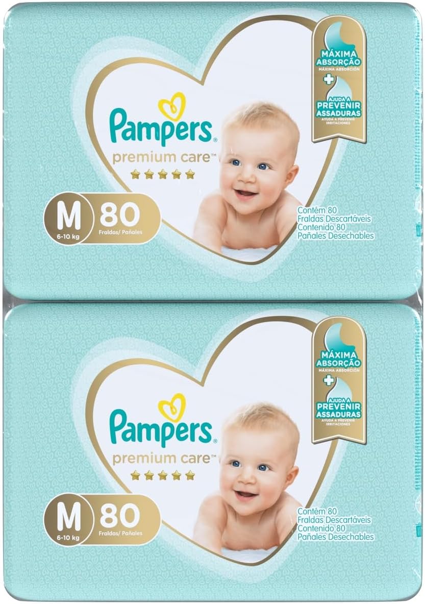 Mostra claramente a identidade da linha Premium Care e o formato de compra em pacote grande.