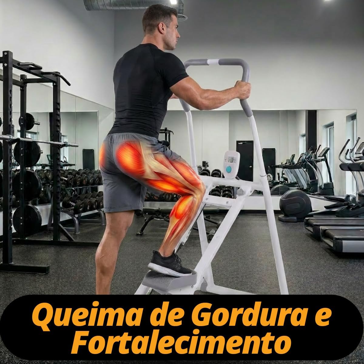 Evidencia como o stepper é usado no dia a dia e transmite sensação de exercício real e funcionalidade.