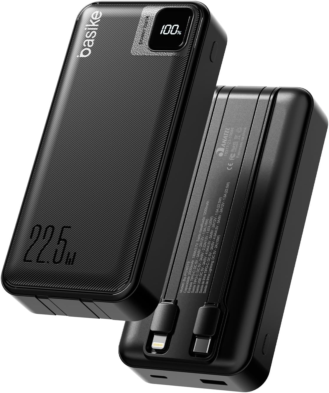 Basike Power Bank, Carregador Portátil Universal 20000Mah, USB-A(Até 22.5W)+USB-C(Até Pd20W), com 2 Cabos Integrados (USB-C, Lightning) Carregamento Rápido, LED Indicador de Bateria (Preto)