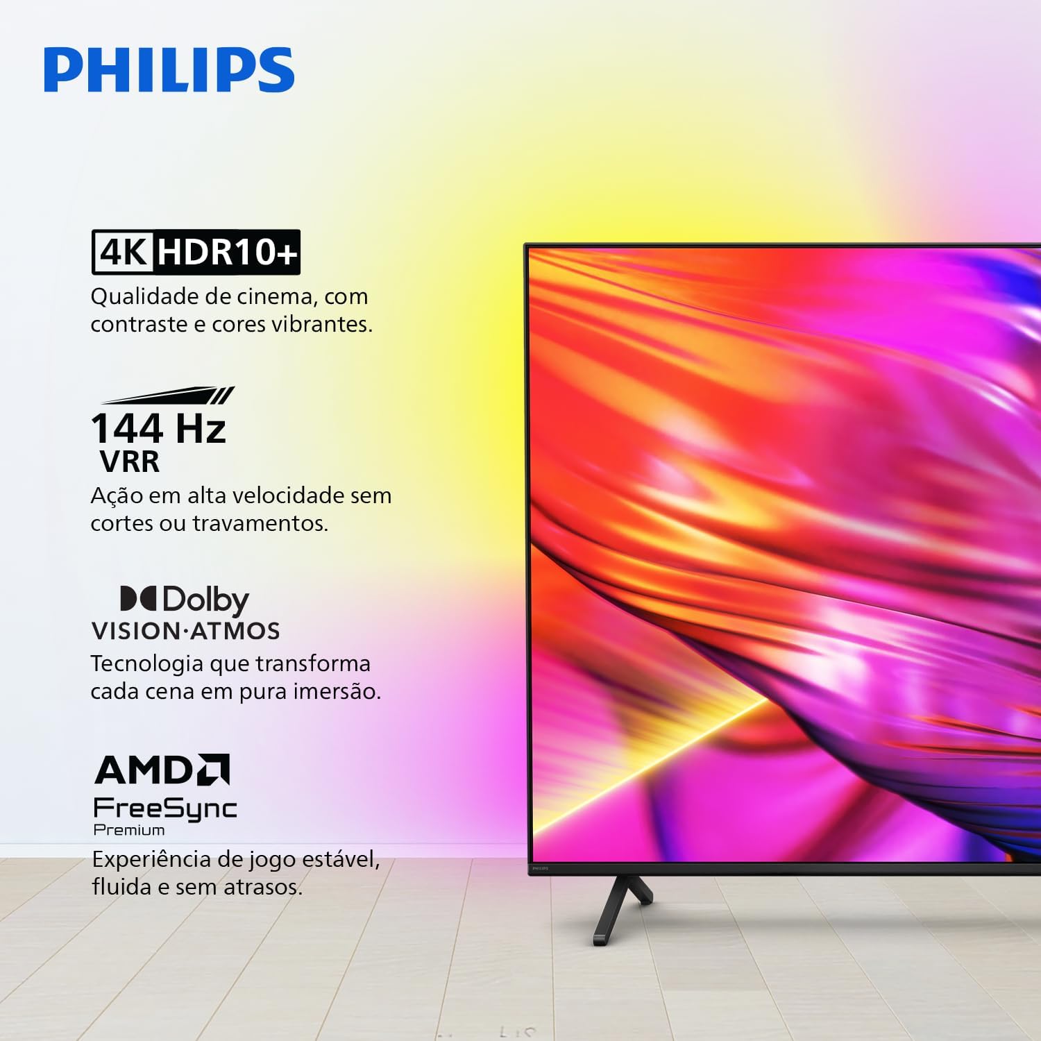Ajuda a visualizar proporção de 65 polegadas no ambiente e o apelo de decoração da TV ligada.