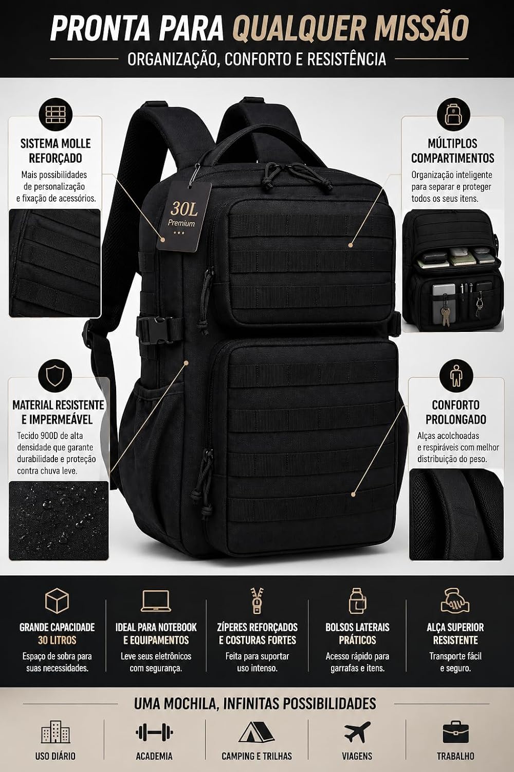 Reforça a versatilidade da mochila para rotina urbana, viagem ou atividades ao ar livre.