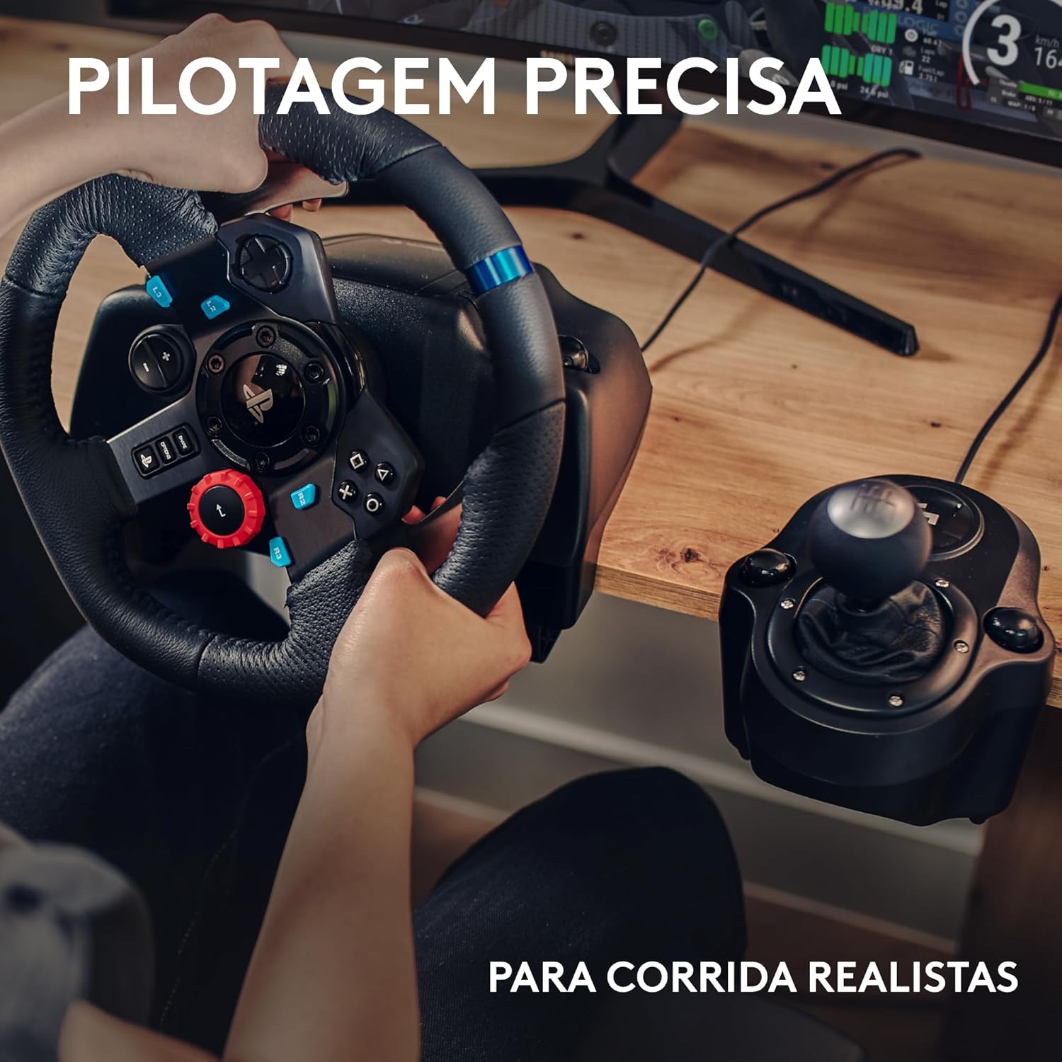 Reforça como o kit fica montado no ambiente de uso e transmite sensação de imersão e estabilidade.