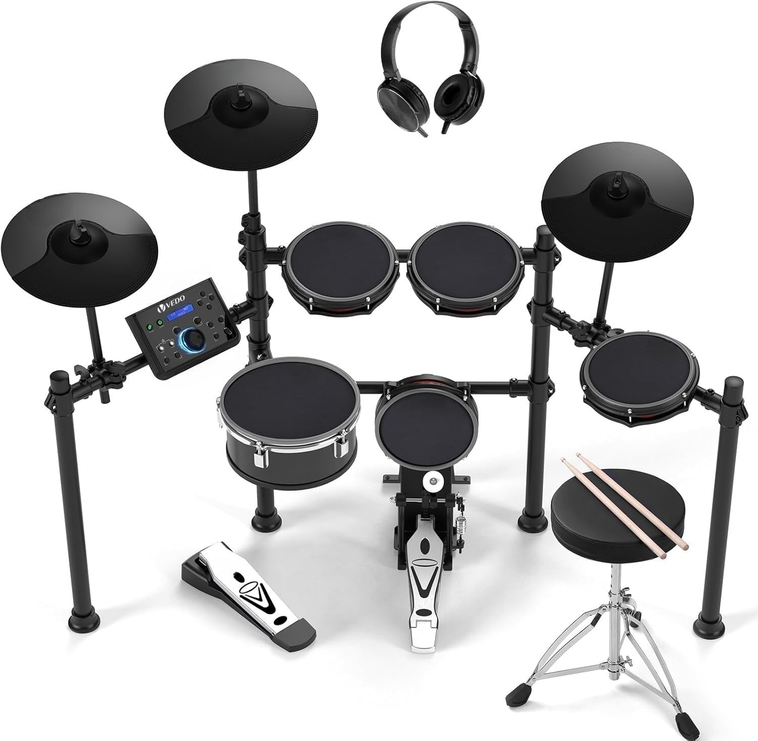 Vedo Bateria Eletrônica Profissional, Equipada com Pads de Bateria Em Mesh, Caixa de 10 Polegadas com Dupla Camada, Mais de 600 Sons Bfd, 2 Pedais, Banco para Bateria, Fones de Ouvido e Baquetas.