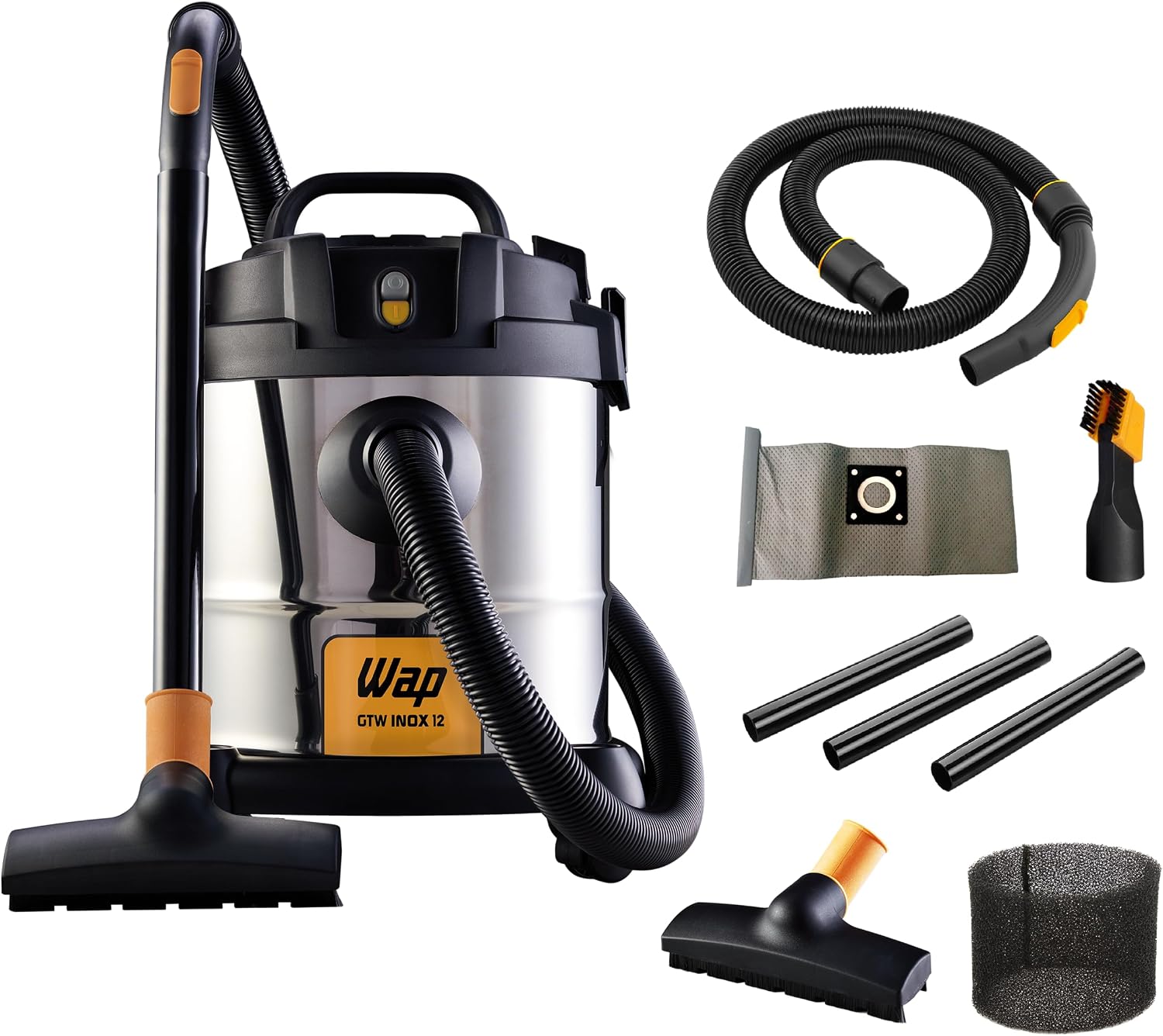 Wap Aspirador de Pó e Água Barril Gtw Inox 12, Compacto, 12 Litros, com Filtro Lavável, 160Mbar 1400W 220V