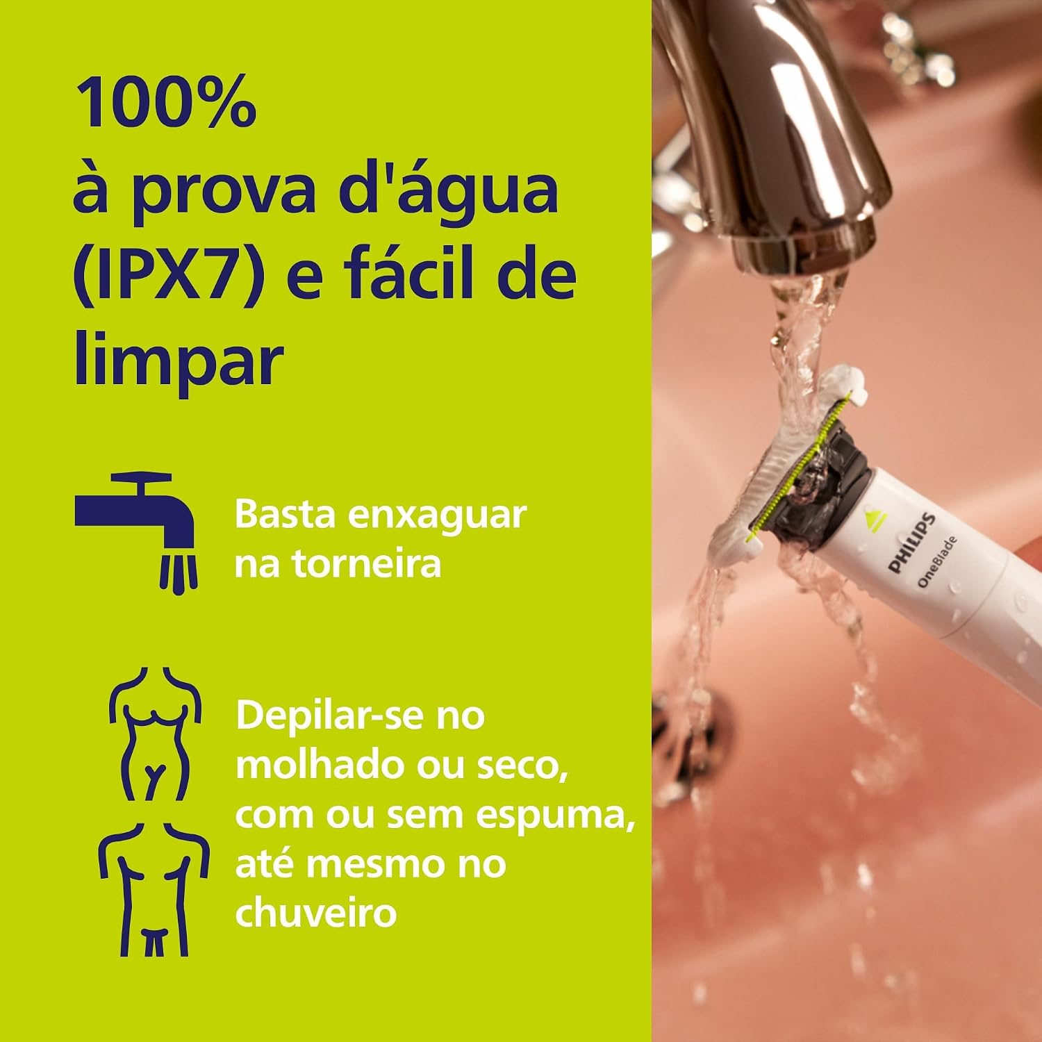 Mostra como a lâmina se encaixa no uso real e reforça compatibilidade com o sistema OneBlade.