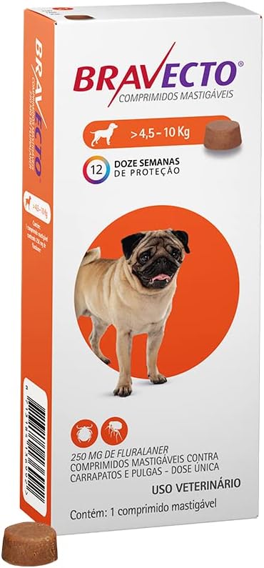 Bravecto® Cães 250Mg - Antipulgas e Carrapatos - Cães de 4,5 a 10Kg - 1 Comp. Mastigável - Msd Saúde Animal