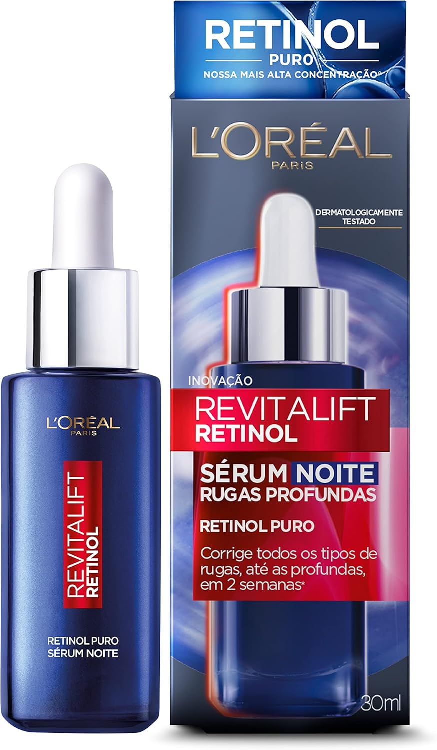 L'oréal Paris Revitalift Sérum Facial Noturno com Retinol Puro, Corrige Rugas Profundas, Uniformiza o Tom da Pele, Melhora a Textura e Firmeza, Ação Antienvelhecimento, 30Ml