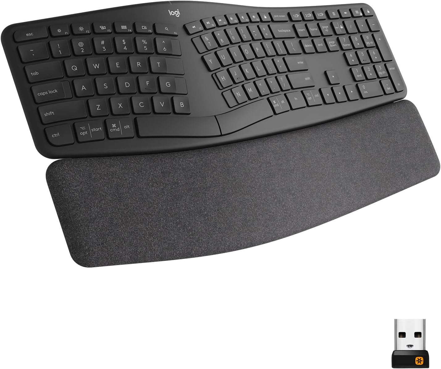 Teclado sem Fio Logitech Ergo K860 com Layout de Teclado Dividido, Suporte para Descanso de Pulso, Tecido Resistente a Manchas, Conexão Bluetooth e USB - Compatível com Windows e Mac.