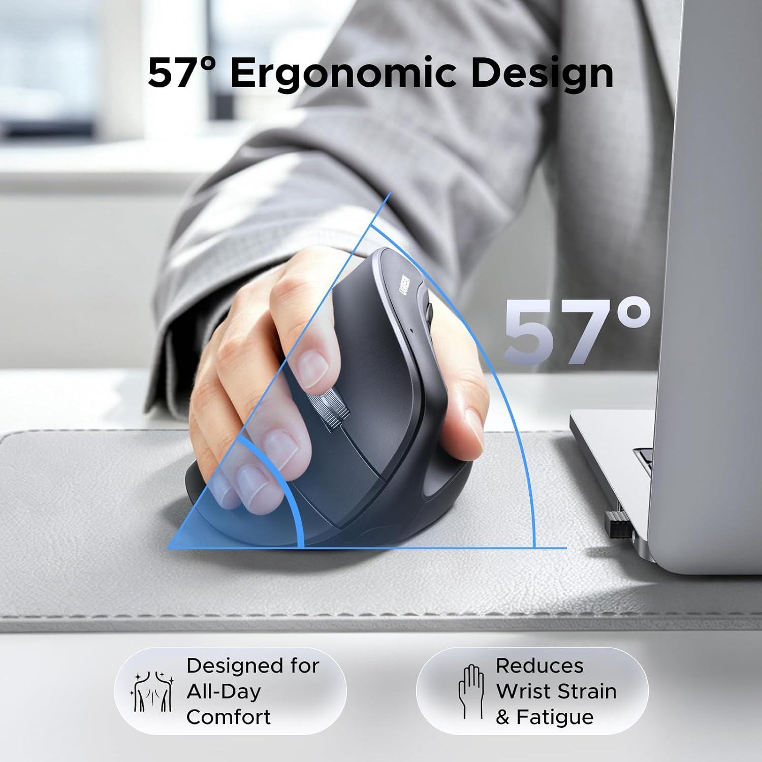 Mostra melhor a ergonomia e o ângulo de pegada de 57°, principal benefício funcional.