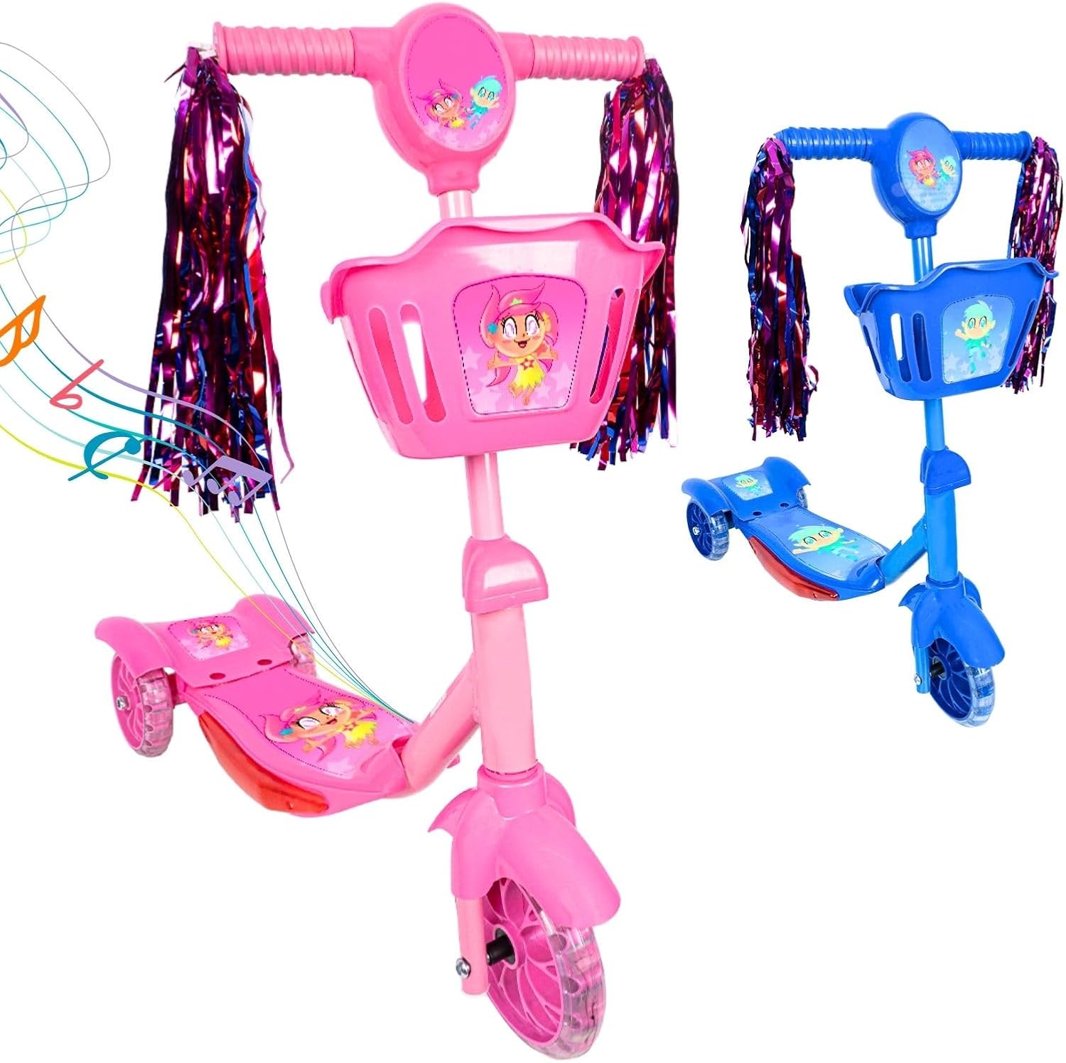Patinete Infantil 3 Rodas com Luzes LED e Cesta Emite Som Musical Altura Regulável e Freio Traseiro