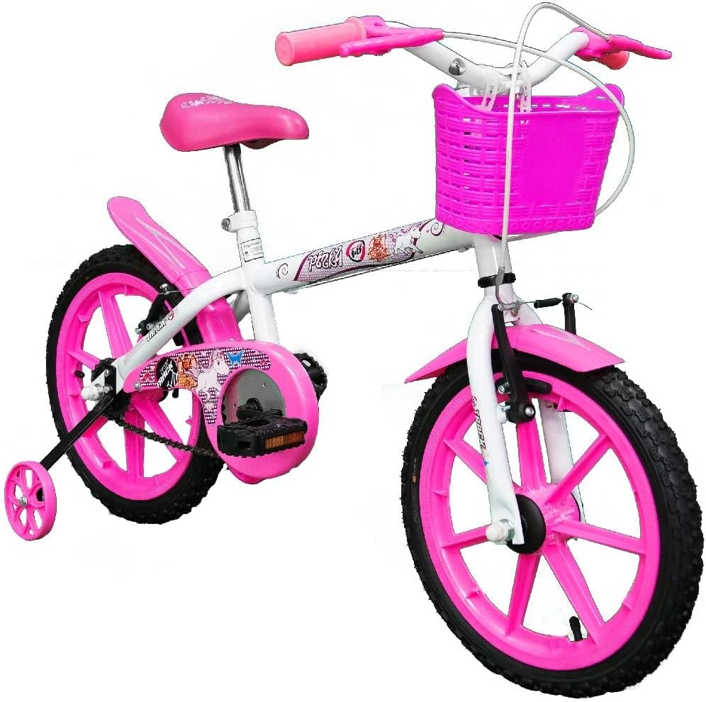 Ajuda a destacar o tamanho do aro 16, a estrutura em aço e o formato clássico da bicicleta infantil.