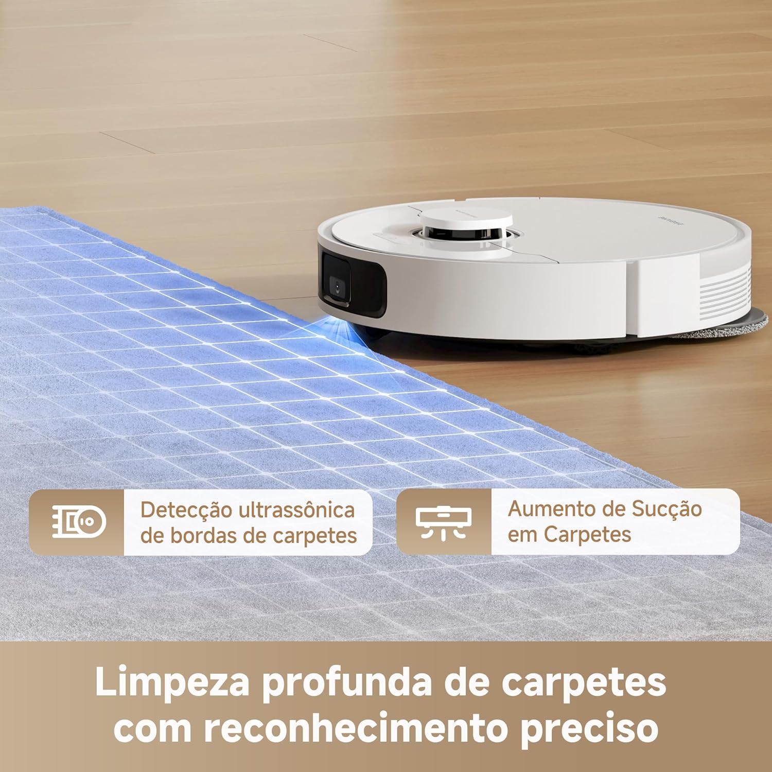 Mostra o produto em aplicação prática, ajudando a vender a ideia de limpeza autônoma no dia a dia.