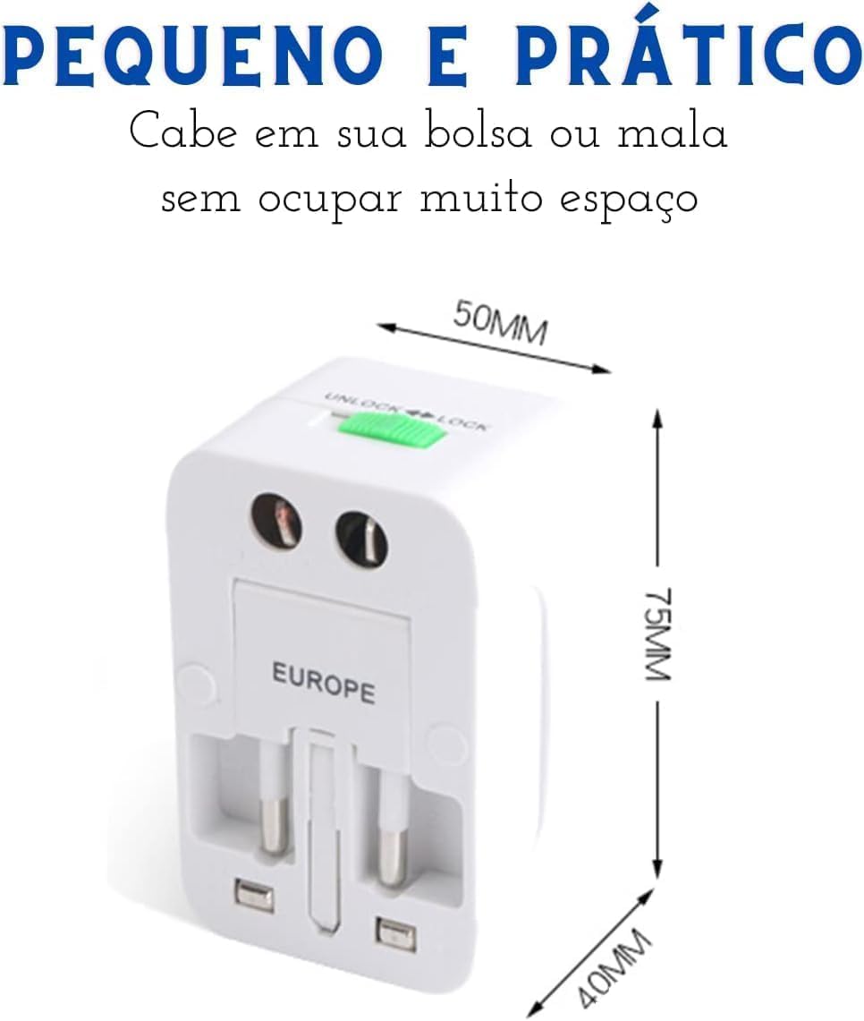 Mostra o mecanismo de adaptação e reforça a proposta de compatibilidade com diferentes padrões de tomada.