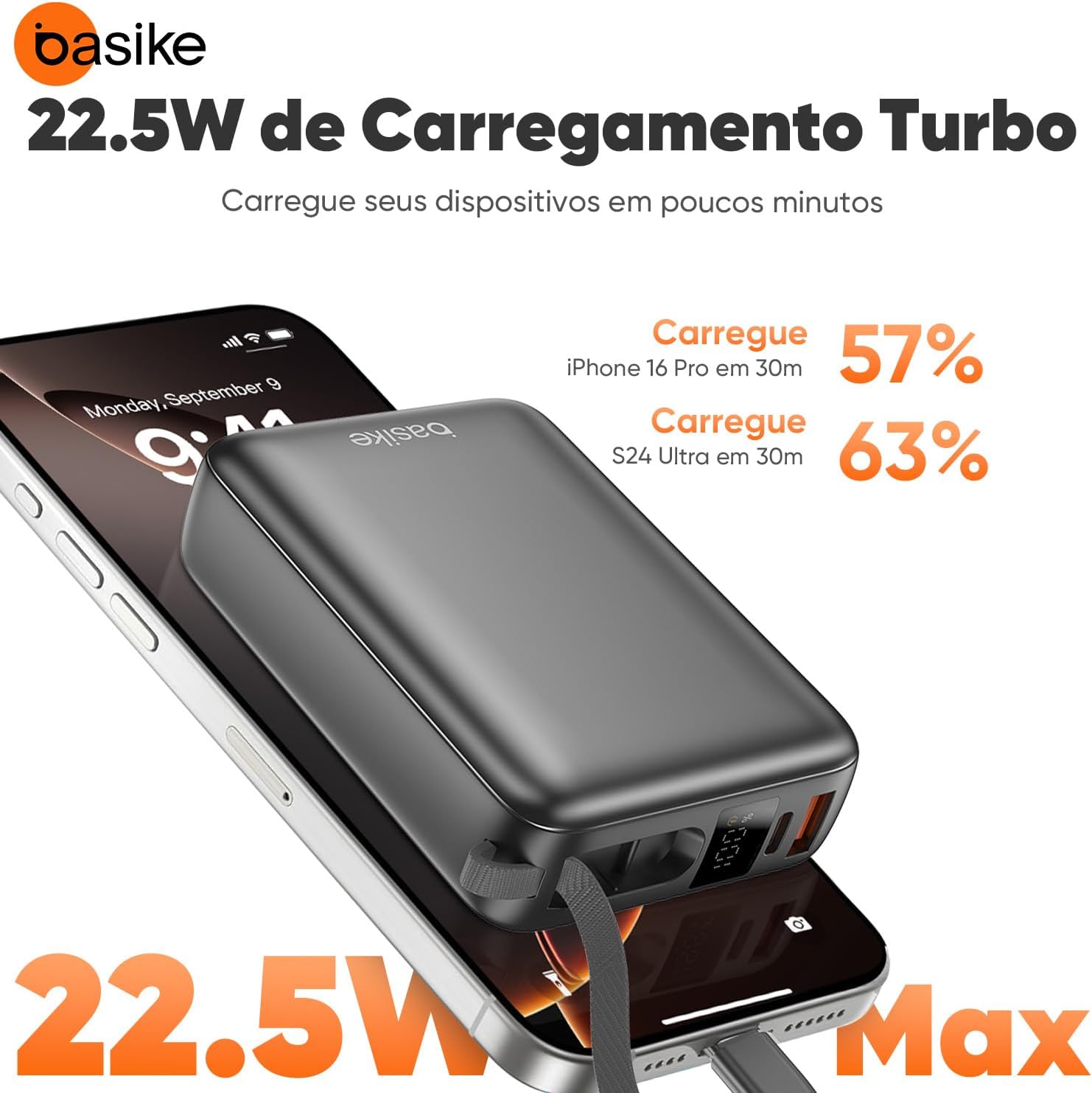 Ajuda a explicar a presença dos cabos integrados e a leitura visual do nível de bateria.