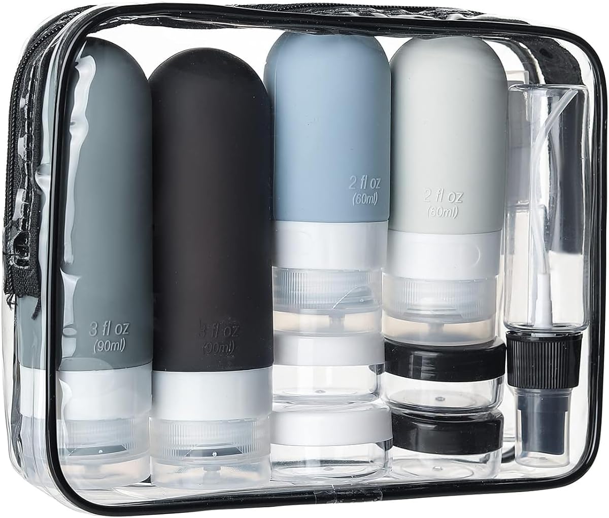 Kit de Frascos de Viagem, 17 Itens, Silicone e Plástico, com Necessaire Transparente, 60Ml e 90Ml (Negro)