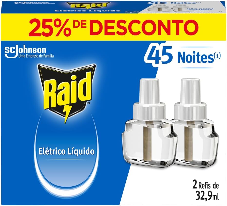 Raid Repelente Eletrico Líquido, 45 Noites de Proteção, 2 Refis de 32,9Ml para Aparelho