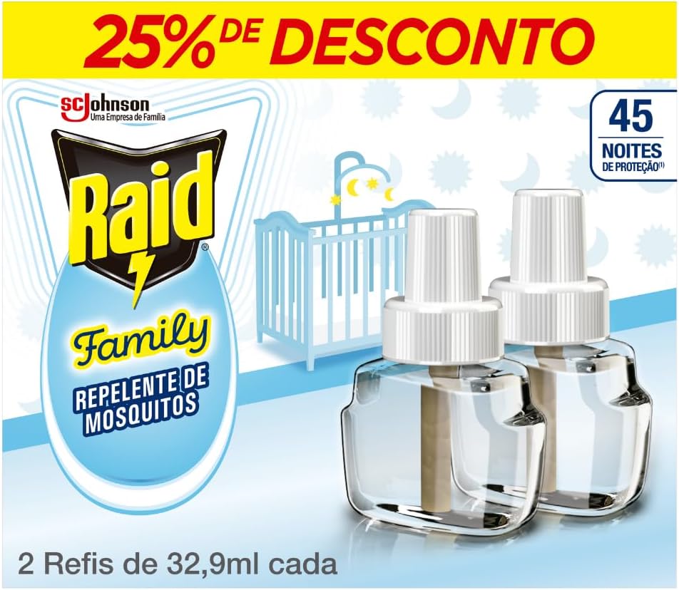 Raid Repelente Eletrico Líquido Family, 45 Noites de Proteção, 2 Refis de 32,9Ml