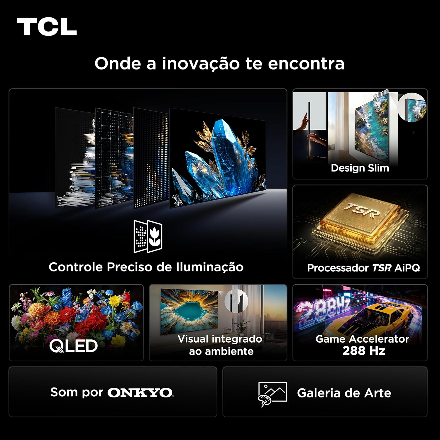 Evidenciar recursos como QD-Mini LED, 4K, HDR e possivelmente processamento de imagem.