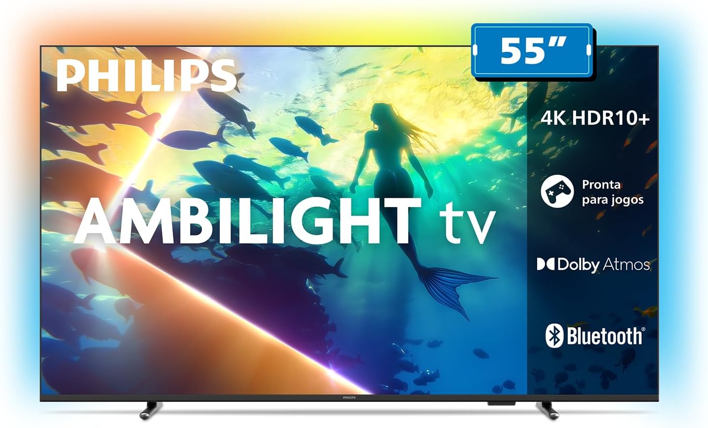 Philips, Smart Tv Ambilight 55" 4K, Titan Os, 55Pug8100/78, Comando de Voz, Hdr10+/Dolby Atmos, Vrr/Allm, Bluetooth