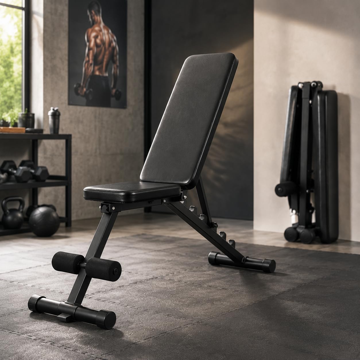 Banco de Musculação Dobrável e Ajustável - Suporta Até 150Kg, Encosto com 5 Posições, Estrutura Triangular Reforçada, Assento Largo e Apoio de Pés Regulável para Treino Em Casa